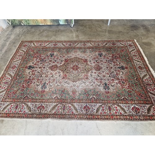 746F - Antique Hand Woven Persian Tabriz Carpet with Central Medallion, Floral Decoration and Green & Beige... 