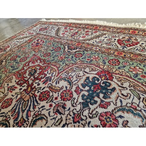 746F - Antique Hand Woven Persian Tabriz Carpet with Central Medallion, Floral Decoration and Green & Beige... 