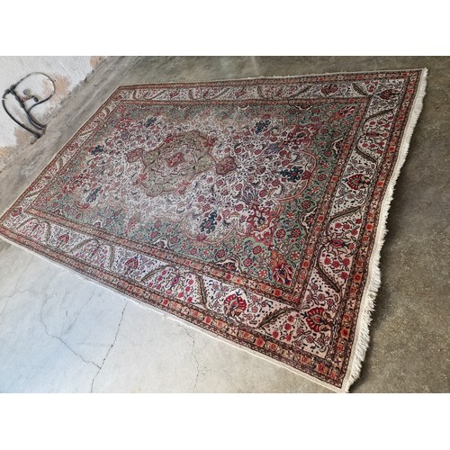 746F - Antique Hand Woven Persian Tabriz Carpet with Central Medallion, Floral Decoration and Green & Beige... 