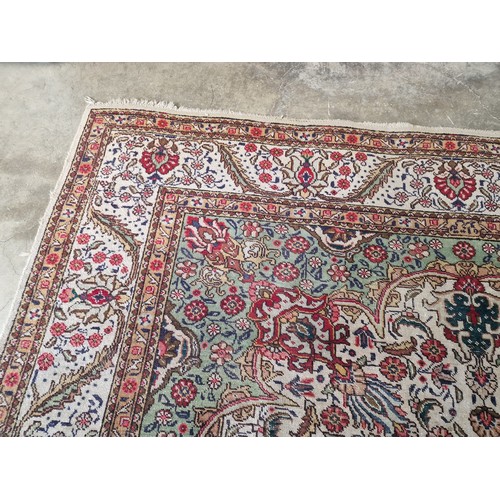 746F - Antique Hand Woven Persian Tabriz Carpet with Central Medallion, Floral Decoration and Green & Beige... 