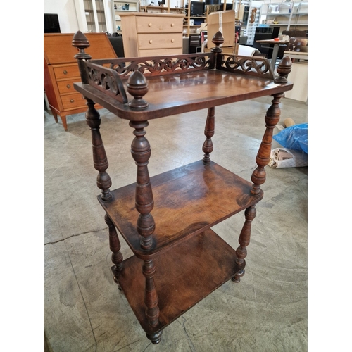 748F - Antique / Victorian Burr Walnut 3-Tier Whatnot with Turned Supports and Pierced Fretwork Gallery, (A... 