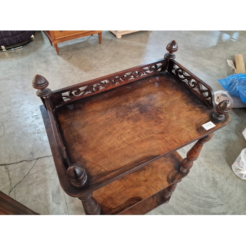 748F - Antique / Victorian Burr Walnut 3-Tier Whatnot with Turned Supports and Pierced Fretwork Gallery, (A... 