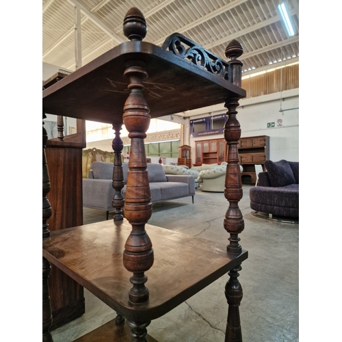 748F - Antique / Victorian Burr Walnut 3-Tier Whatnot with Turned Supports and Pierced Fretwork Gallery, (A... 
