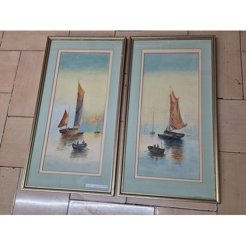 753F - Pair of Original Framed Water Colour Paintings of Sail Boats and Rowing Boats at Sea, Unknown Artist... 