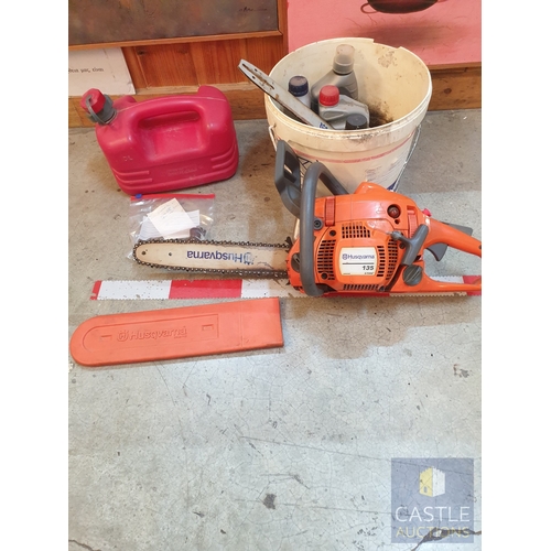 343 - Husqvarna Petrol Chainsaw With Spare Chain, Chainsaw Bar, Chainsaw Oil, 2 Stroke Oil & Petrol Contai... 