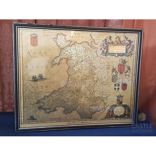 319 - Antique- Style Map Depicting Wales (Labeled as 'Wallia'), Reproduction, Framed (Approx. 54cm x 44cm)
