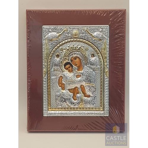 321 - 'Mother and Child' Holy Ikon, Made of Silver 925 with Depicts Traditional Hagiography, Copy of Byzan... 