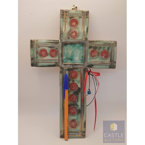 322 - Folk Art., Ceramic Handmade Decorative Cross (Approx. 28.5cm x 19cm)