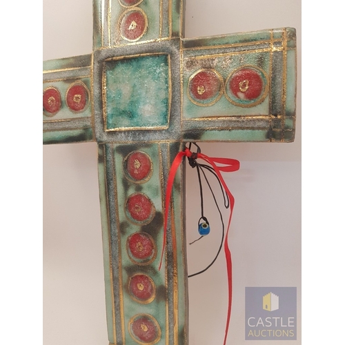 322 - Folk Art., Ceramic Handmade Decorative Cross (Approx. 28.5cm x 19cm)