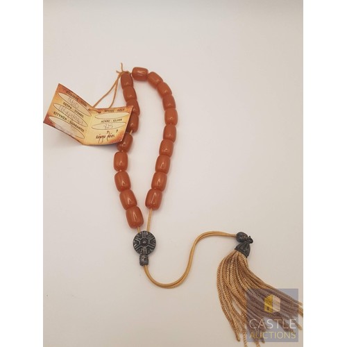23 - Traditional 'Komboloi', Mediterranean 'Worry Beads', Orange Amber Barrel-Shaped Beads and Silver Det... 