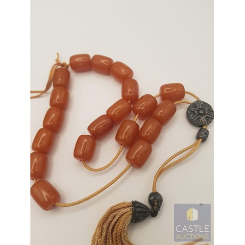 23 - Traditional 'Komboloi', Mediterranean 'Worry Beads', Orange Amber Barrel-Shaped Beads and Silver Det... 