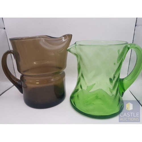 348 - 2 x Different Shape and Color Glass Water Jugs; Retro- Green Glass (Approx. H: 15.5cm) and Modern in... 