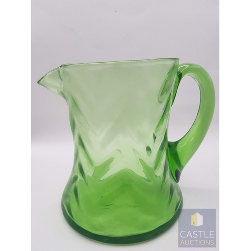 348 - 2 x Different Shape and Color Glass Water Jugs; Retro- Green Glass (Approx. H: 15.5cm) and Modern in... 