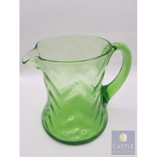 348 - 2 x Different Shape and Color Glass Water Jugs; Retro- Green Glass (Approx. H: 15.5cm) and Modern in... 