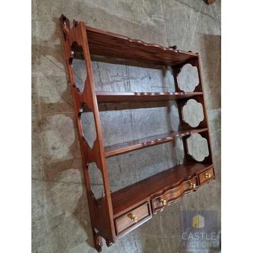 10 - Decorative Wall Hanging Wooden 3-Tier Display Shelves with Shaped Fronts, 3 x Lower Drawers and Carv... 