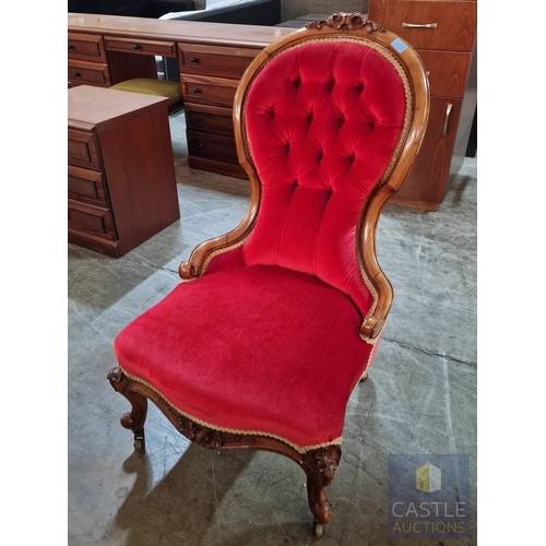 24 - Victorian Style Spoon Back Nursing Chair, Upholstered with Button Back Red Fabric, Carved Wood Surro... 