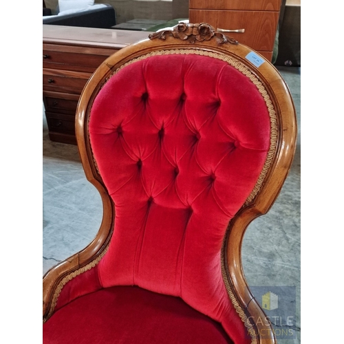 24 - Victorian Style Spoon Back Nursing Chair, Upholstered with Button Back Red Fabric, Carved Wood Surro... 