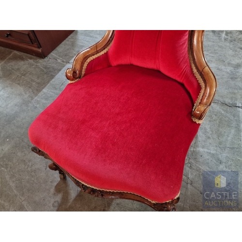 24 - Victorian Style Spoon Back Nursing Chair, Upholstered with Button Back Red Fabric, Carved Wood Surro... 