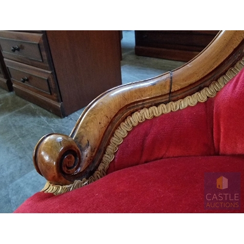 24 - Victorian Style Spoon Back Nursing Chair, Upholstered with Button Back Red Fabric, Carved Wood Surro... 