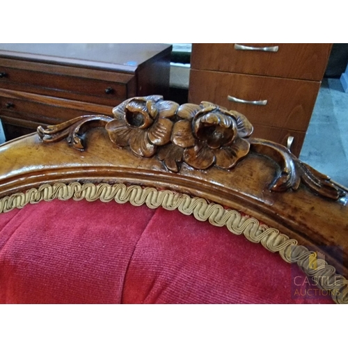 24 - Victorian Style Spoon Back Nursing Chair, Upholstered with Button Back Red Fabric, Carved Wood Surro... 