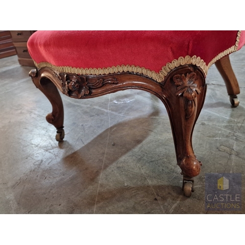 24 - Victorian Style Spoon Back Nursing Chair, Upholstered with Button Back Red Fabric, Carved Wood Surro... 