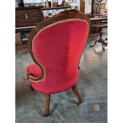 24 - Victorian Style Spoon Back Nursing Chair, Upholstered with Button Back Red Fabric, Carved Wood Surro... 