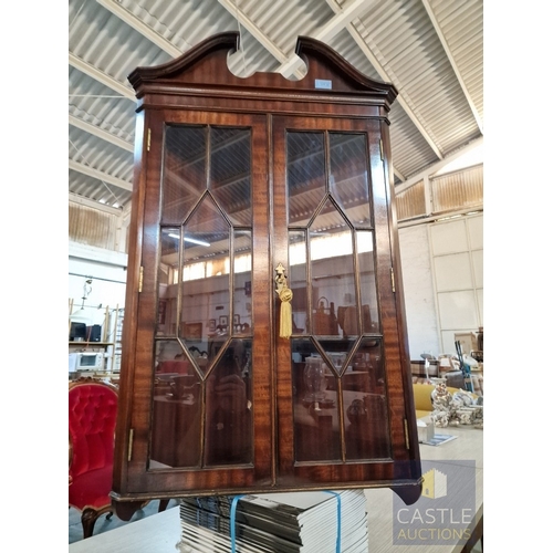 25 - Antique Style Wall Hanging Corner Display Cabinet with Multi-Pane Double Doors and Two Internal Shel... 