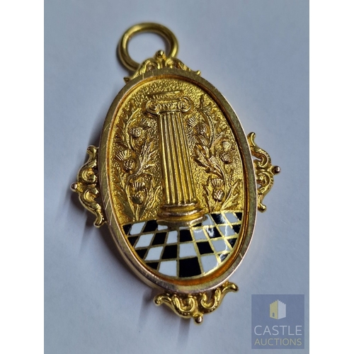 42A - Victorian Masonic 9ct Gold & Enamel Locket Pendant, Oval Shape with Free Mason Symbolism of Pillar, ... 