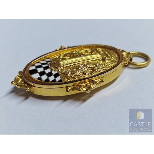 42A - Victorian Masonic 9ct Gold & Enamel Locket Pendant, Oval Shape with Free Mason Symbolism of Pillar, ... 