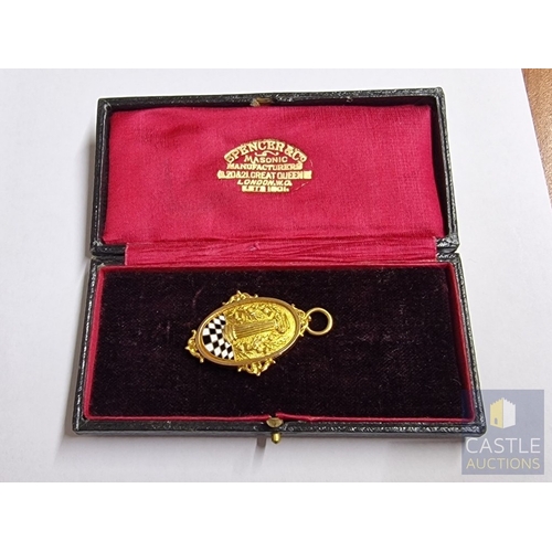 42A - Victorian Masonic 9ct Gold & Enamel Locket Pendant, Oval Shape with Free Mason Symbolism of Pillar, ... 