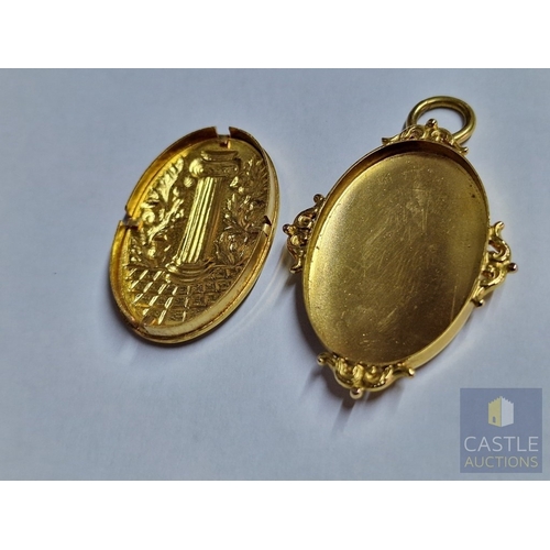 42A - Victorian Masonic 9ct Gold & Enamel Locket Pendant, Oval Shape with Free Mason Symbolism of Pillar, ... 