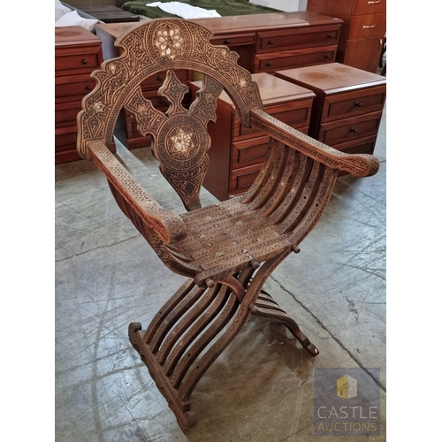 6 - Highly Decorative Folding Moorish / Islamic Wooden Chair, with Curved Slatted Form and 'X' Frame Bas... 
