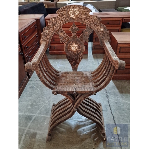 6 - Highly Decorative Folding Moorish / Islamic Wooden Chair, with Curved Slatted Form and 'X' Frame Bas... 