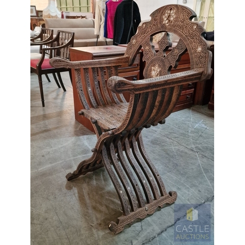 6 - Highly Decorative Folding Moorish / Islamic Wooden Chair, with Curved Slatted Form and 'X' Frame Bas... 
