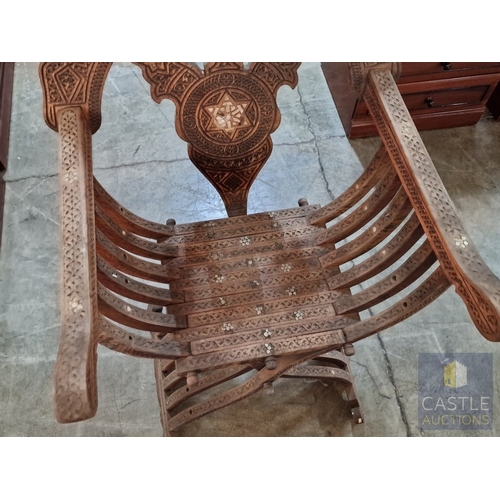 6 - Highly Decorative Folding Moorish / Islamic Wooden Chair, with Curved Slatted Form and 'X' Frame Bas... 