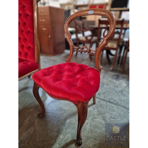 7 - Antique Victorian Style Walnut Balloon Back Chair, with Red Button Back Fabric Seat, and Front Cabri... 