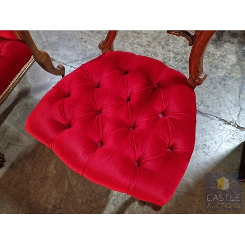 7 - Antique Victorian Style Walnut Balloon Back Chair, with Red Button Back Fabric Seat, and Front Cabri... 