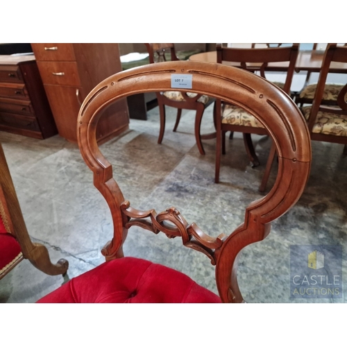 7 - Antique Victorian Style Walnut Balloon Back Chair, with Red Button Back Fabric Seat, and Front Cabri... 