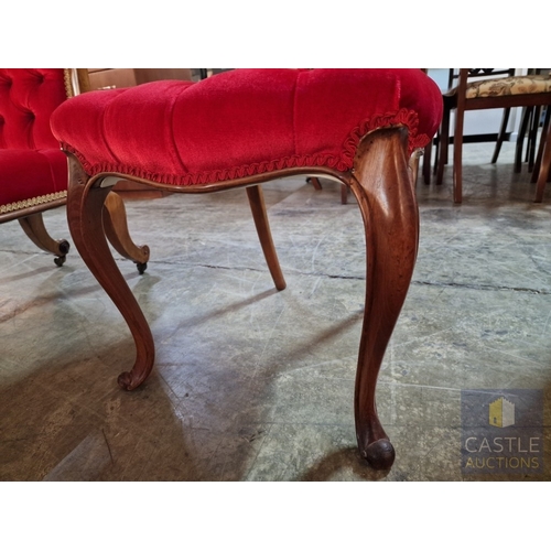7 - Antique Victorian Style Walnut Balloon Back Chair, with Red Button Back Fabric Seat, and Front Cabri... 