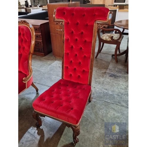 9 - Victorian Style Prayer Chair, Upholstered with Button Back Red Fabric, Carved Wood Surround with Scr... 