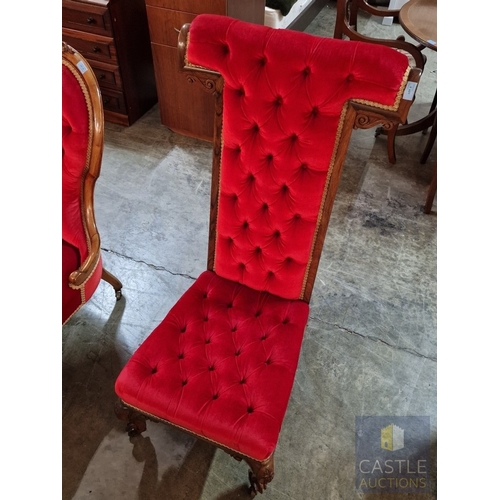 9 - Victorian Style Prayer Chair, Upholstered with Button Back Red Fabric, Carved Wood Surround with Scr... 