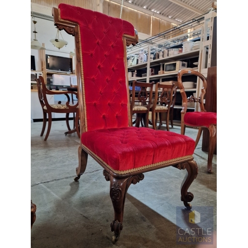 9 - Victorian Style Prayer Chair, Upholstered with Button Back Red Fabric, Carved Wood Surround with Scr... 