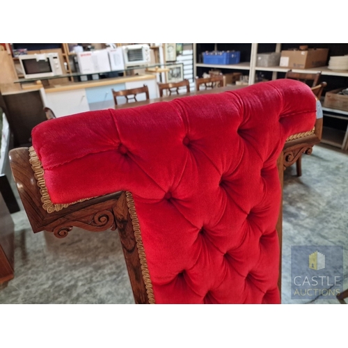 9 - Victorian Style Prayer Chair, Upholstered with Button Back Red Fabric, Carved Wood Surround with Scr... 