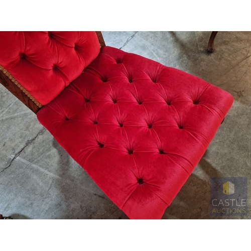 9 - Victorian Style Prayer Chair, Upholstered with Button Back Red Fabric, Carved Wood Surround with Scr... 