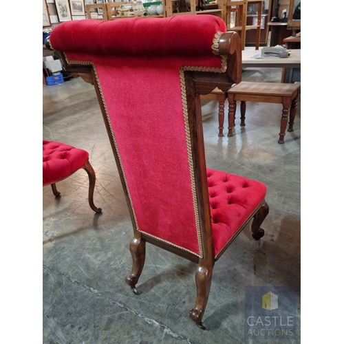 9 - Victorian Style Prayer Chair, Upholstered with Button Back Red Fabric, Carved Wood Surround with Scr... 