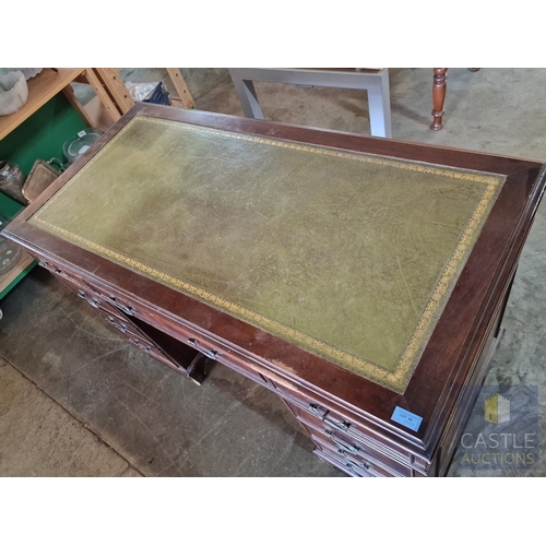 88 - Vintage Twin Pedestal / Kneehole 8-Drawer Writing Desk with Inlaid Green Leather Top and Brass Handl... 