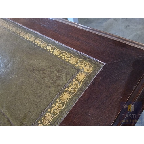 88 - Vintage Twin Pedestal / Kneehole 8-Drawer Writing Desk with Inlaid Green Leather Top and Brass Handl... 