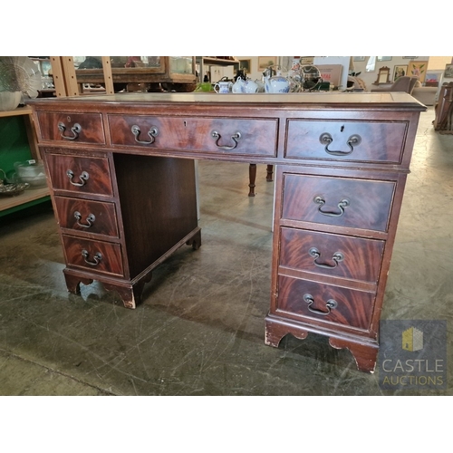 88 - Vintage Twin Pedestal / Kneehole 8-Drawer Writing Desk with Inlaid Green Leather Top and Brass Handl... 