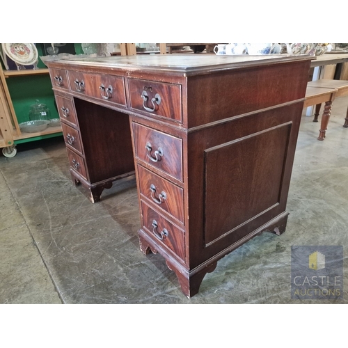 88 - Vintage Twin Pedestal / Kneehole 8-Drawer Writing Desk with Inlaid Green Leather Top and Brass Handl... 
