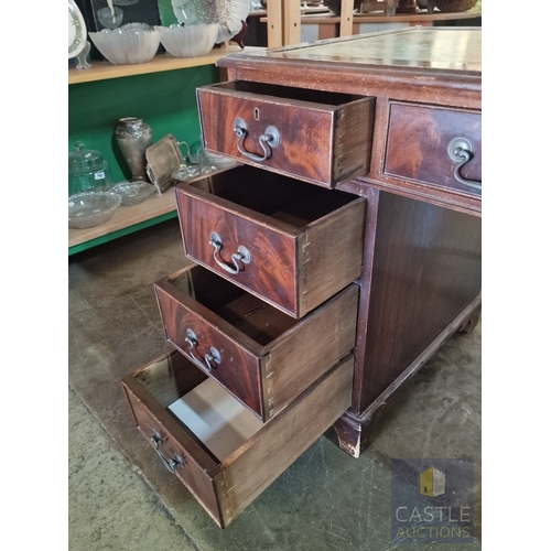 88 - Vintage Twin Pedestal / Kneehole 8-Drawer Writing Desk with Inlaid Green Leather Top and Brass Handl... 